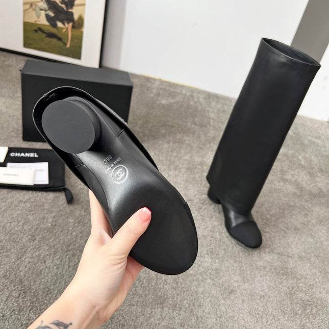 CHANEL 25S HIGH BOOTS 55MM IN BLACK CALFSKIN AND CANVAS GOLD HARDWRE