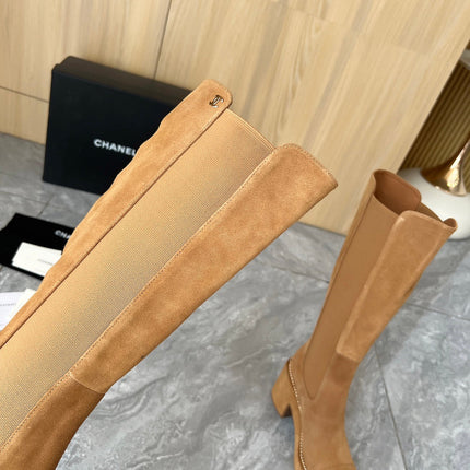 CHANEL 25S HIGH BOOTS STRETCHY SHAFT 85MM IN CARAMEL SUEDE GOLD HARDWRE