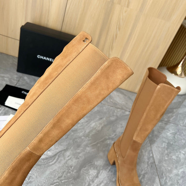 CHANEL 25S HIGH BOOTS STRETCHY SHAFT 85MM IN CARAMEL SUEDE GOLD HARDWRE