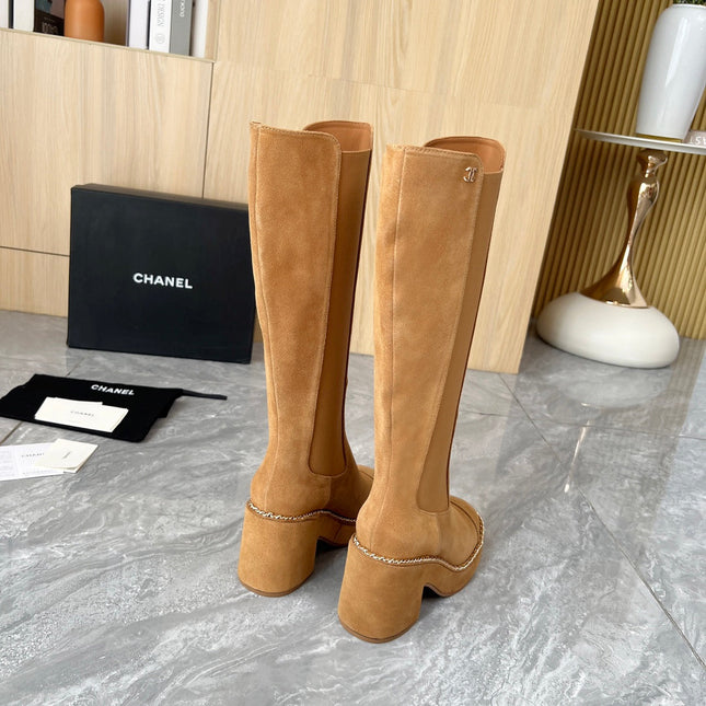 CHANEL 25S HIGH BOOTS STRETCHY SHAFT 85MM IN CARAMEL SUEDE GOLD HARDWRE