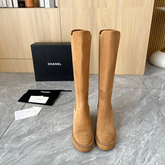CHANEL 25S HIGH BOOTS STRETCHY SHAFT 85MM IN CARAMEL SUEDE GOLD HARDWRE