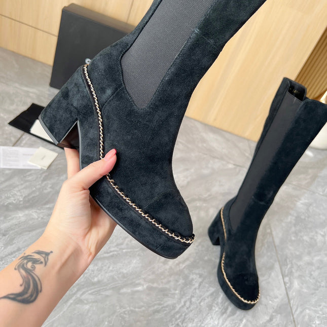 CHANEL 25S HIGH BOOTS STRETCHY SHAFT 85MM IN BLACK SUEDE GOLD HARDWRE