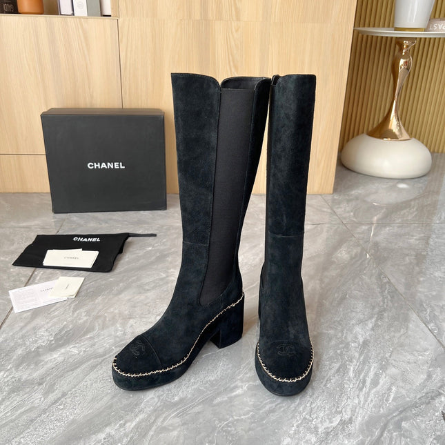 CHANEL 25S HIGH BOOTS STRETCHY SHAFT 85MM IN BLACK SUEDE GOLD HARDWRE