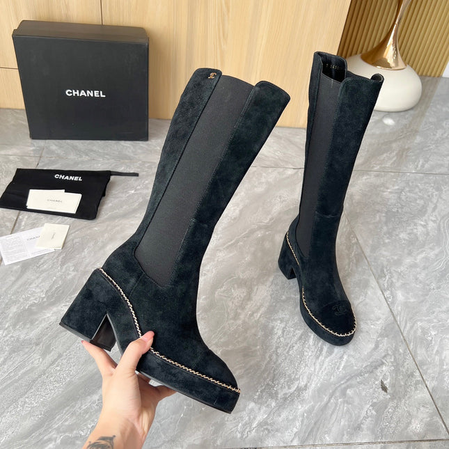 CHANEL 25S HIGH BOOTS STRETCHY SHAFT 85MM IN BLACK SUEDE GOLD HARDWARE