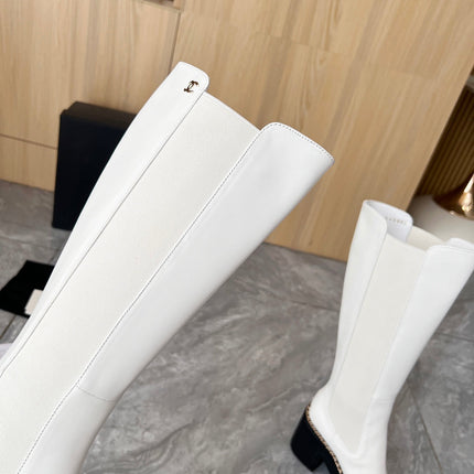 CHANEL 25S HIGH BOOTS STRETCHY SHAFT 85MM IN WHITE MIX BLACK CALFSKIN GOLD HARDWRE