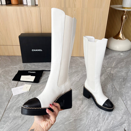 CHANEL 25S HIGH BOOTS STRETCHY SHAFT 85MM IN WHITE MIX BLACK CALFSKIN GOLD HARDWRE