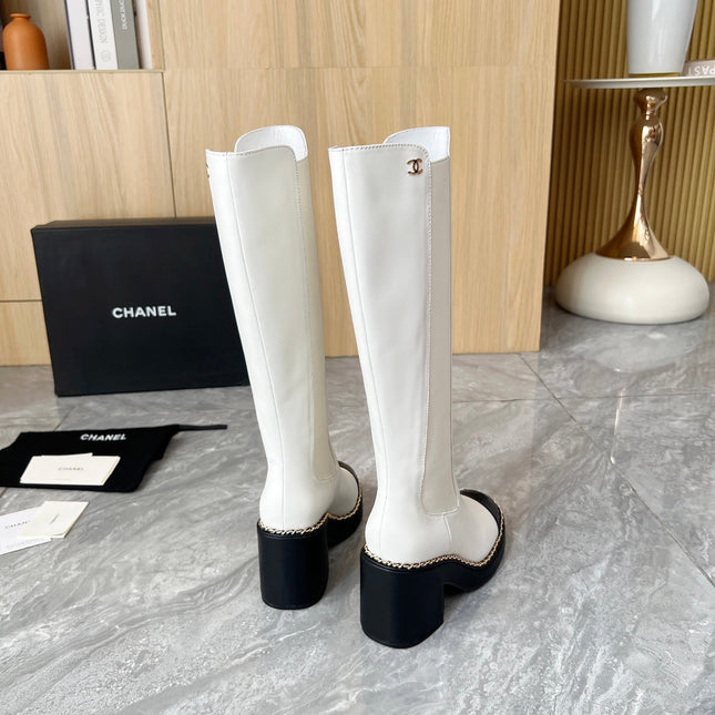 CHANEL 25S HIGH BOOTS STRETCHY SHAFT 85MM IN WHITE MIX BLACK CALFSKIN GOLD HARDWRE