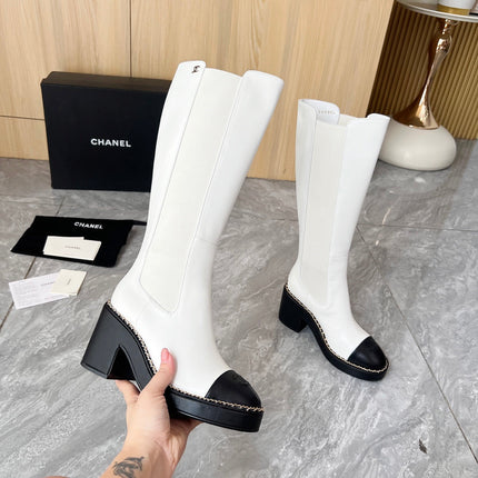 CHANEL 25S HIGH BOOTS STRETCHY SHAFT 85MM IN WHITE MIX BLACK CALFSKIN GOLD HARDWRE