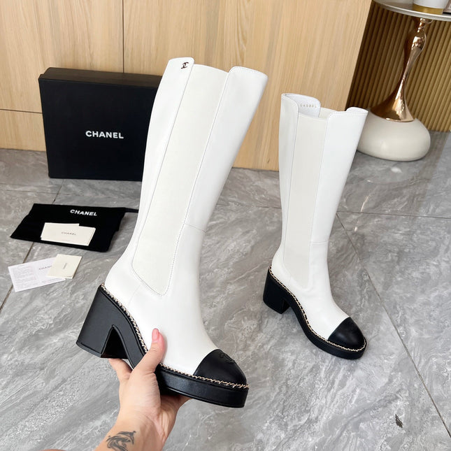 CHANEL 25S HIGH BOOTS STRETCHY SHAFT 85MM IN WHITE MIX BLACK CALFSKIN GOLD HARDWRE