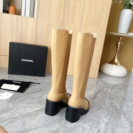 CHANEL 25S HIGH BOOTS STRETCHY SHAFT 85MM IN LIGHT BROWN CALFSKIN GOLD HARDWRE