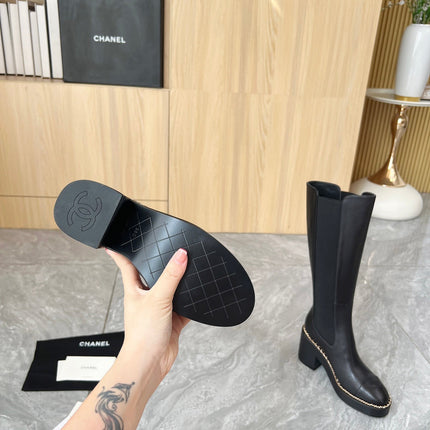 CHANEL 25S HIGH BOOTS STRETCHY SHAFT 85MM IN BLACK CALFSKIN GOLD HARDWRE