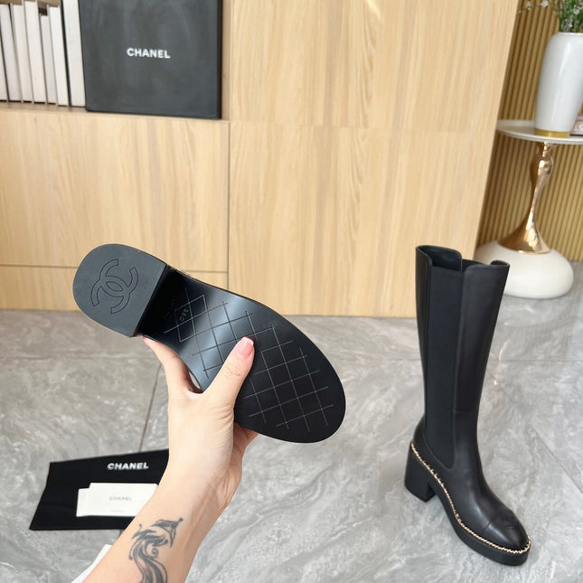 CHANEL 25S HIGH BOOTS STRETCHY SHAFT 85MM IN BLACK CALFSKIN GOLD HARDWRE