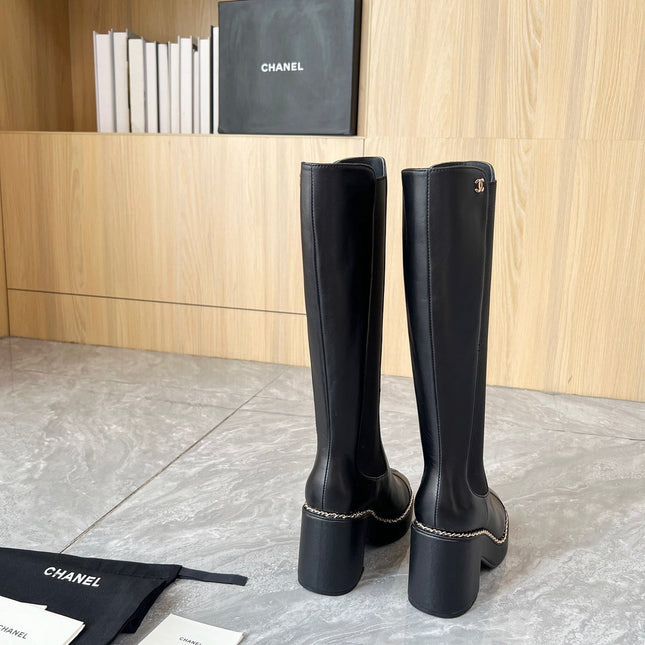 CHANEL 25S HIGH BOOTS STRETCHY SHAFT 85MM IN BLACK CALFSKIN GOLD HARDWRE