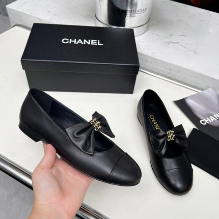 CHANEL 25S MARY JANES IN BLACK CALFSKIN WITH BOW GOLD HARDWRE