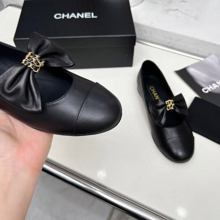 CHANEL 25S MARY JANES IN BLACK CALFSKIN WITH BOW GOLD HARDWRE
