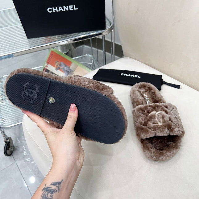 CHANEL 25S FUR SLIPPERS WITH EXPOSED-STITCH STRAPS IN DARK BROWN