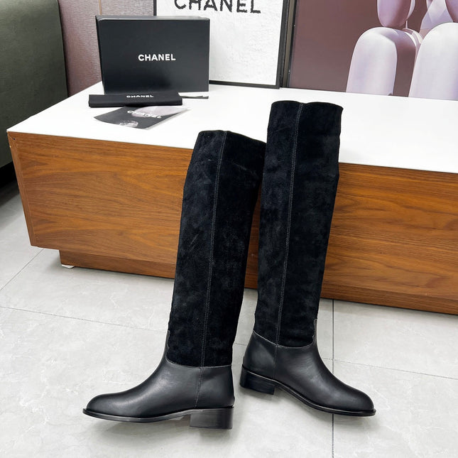 CHANEL 25S KNEE-HIGH BOOTS 35MM IN BLACK CALFSKIN AND SUEDE