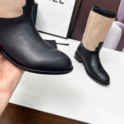 CHANEL 25S MID-CALF BOOTS 35MM IN BLACK CALFSKIN AND TAUPE GRAY SUEDE GOLD HARDWRE