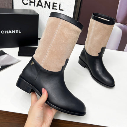 CHANEL 25S MID-CALF BOOTS 35MM IN BLACK CALFSKIN AND TAUPE GRAY SUEDE GOLD HARDWRE