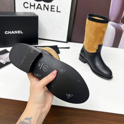 CHANEL 25S MID-CALF BOOTS 35MM IN BLACK CALFSKIN AND CARAMEL SUEDE GOLD HARDWRE