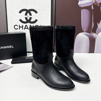 CHANEL 25S MID-CALF BOOTS 35MM IN BLACK CALFSKIN AND SUEDE GOLD HARDWRE