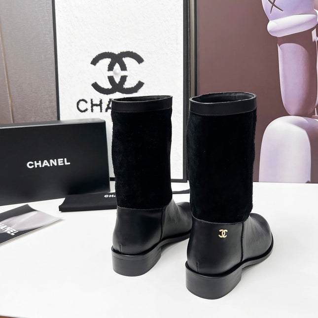 CHANEL 25S MID-CALF BOOTS 35MM IN BLACK CALFSKIN AND SUEDE GOLD HARDWRE