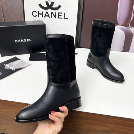 CHANEL 25S MID-CALF BOOTS 35MM IN BLACK CALFSKIN AND SUEDE GOLD HARDWRE