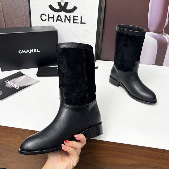 CHANEL 25S MID-CALF BOOTS 35MM IN BLACK CALFSKIN AND SUEDE GOLD HARDWRE