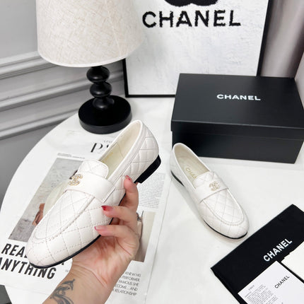 CHANEL 25S LOAFER DANCE SHOES IN WHITE CALFSKIN GOLD HARDWRE