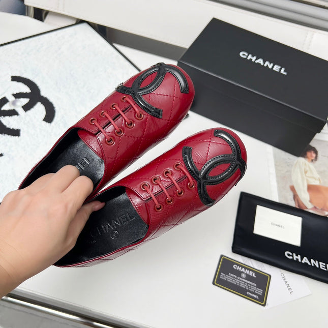 CHANEL 25S DANCE SHOES WITH PRINTED LOGO IN BURGUNDY CALFSKIN