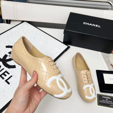 CHANEL 25S DANCE SHOES WITH PRINTED LOGO IN BEIGE CALFSKIN