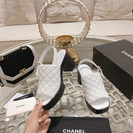 Double C  Chunky Heel Peep-Toe Open Sandals White Lambskin