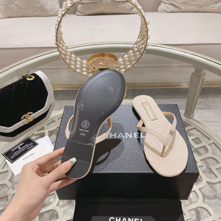 Double CC Rhinestone Flip  Flop Thongs White Sheepskin