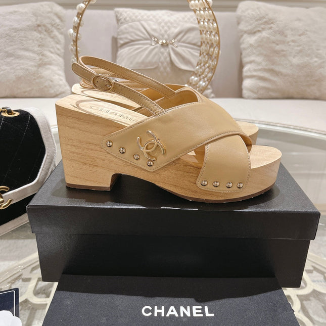 Double CC  Wood Grain Platform Sandals Beige Cream Sheepskin