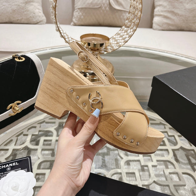 Double CC  Wood Grain Platform Sandals Beige Cream Sheepskin