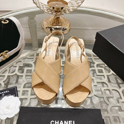 Double CC  Wood Grain Platform Sandals Beige Cream Sheepskin