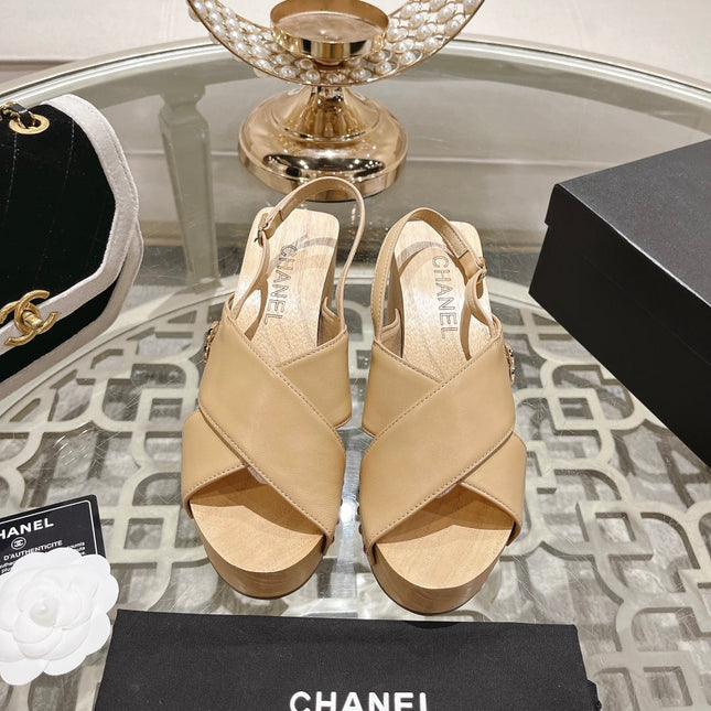 Double CC  Wood Grain Platform Sandals Beige Cream Sheepskin