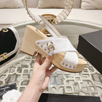 Double CC  Wood Grain Platform Sandals White Sheepskin
