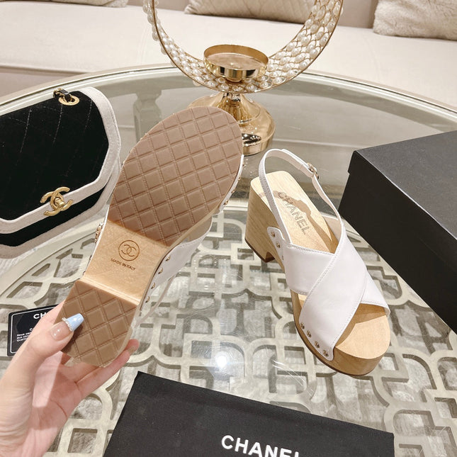 Double CC  Wood Grain Platform Sandals White Sheepskin
