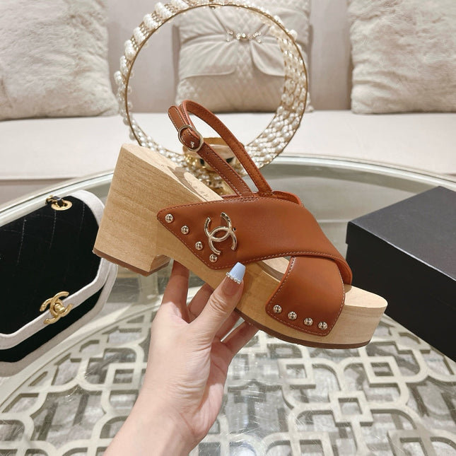 Double CC  Wood Grain Platform Sandals Dark Brown Sheepskin
