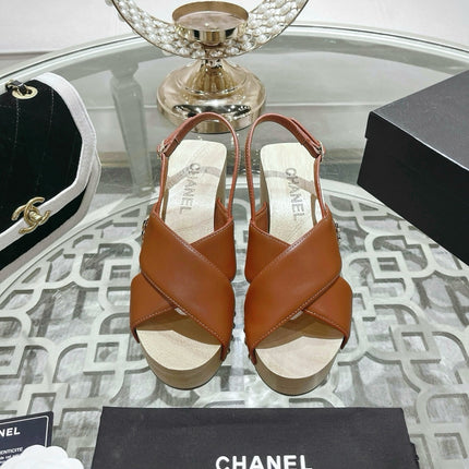 Double CC  Wood Grain Platform Sandals Dark Brown Sheepskin