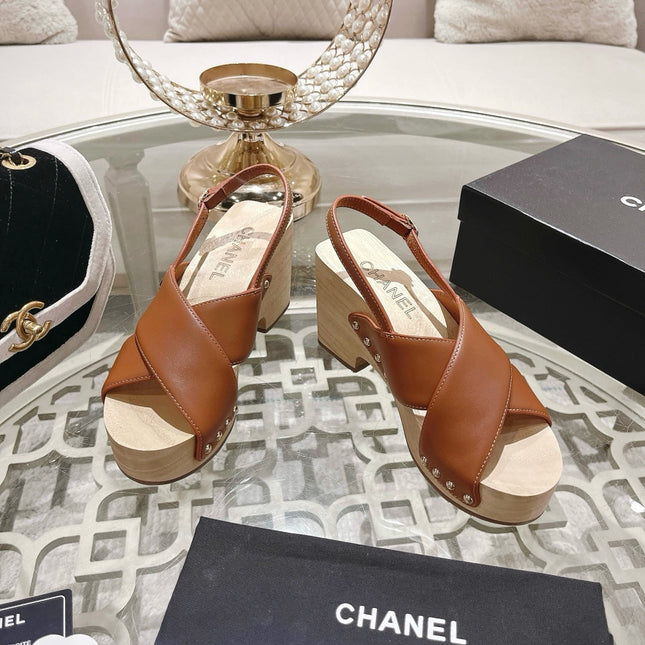 Double CC  Wood Grain Platform Sandals Dark Brown Sheepskin
