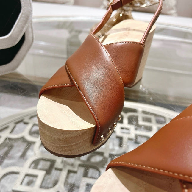 Double CC  Wood Grain Platform Sandals Dark Brown Sheepskin