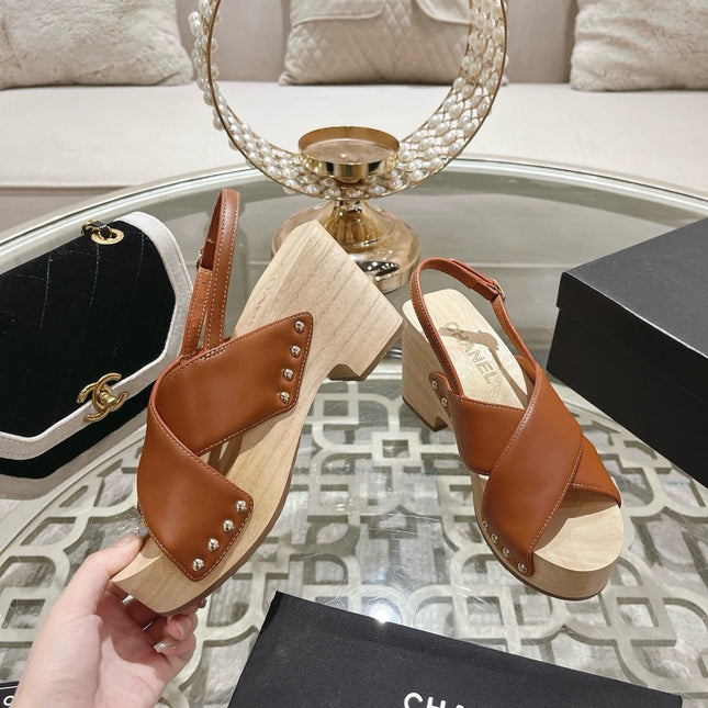 Double CC  Wood Grain Platform Sandals Dark Brown Sheepskin