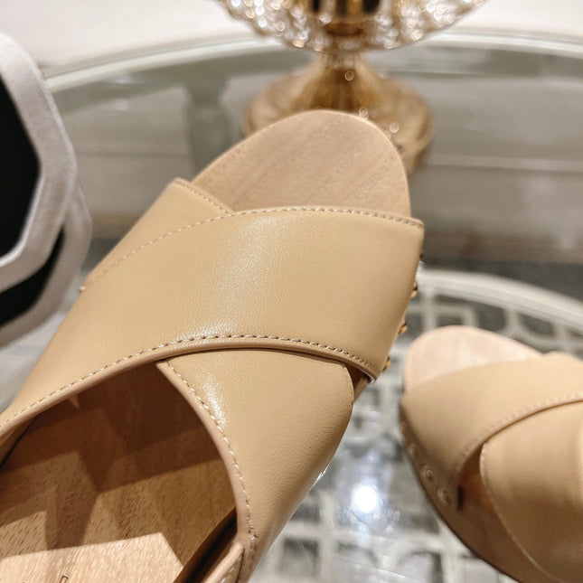 Double CC  Wood Grain Platform Sandals Beige Cream Sheepskin