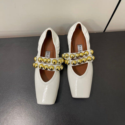 ALAIA BALLET FLATS IN WHITE GLOSSY CALFSKIN WITH GOLD HARDWARE
