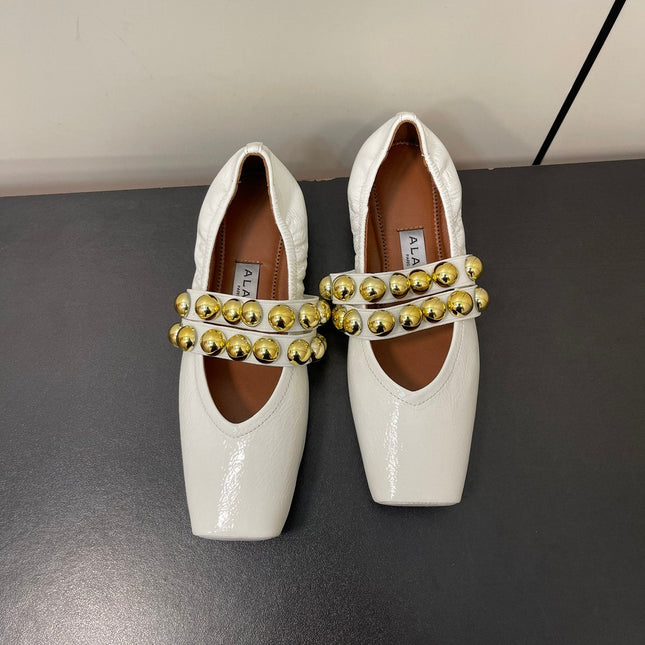 ALAIA BALLET FLATS IN WHITE GLOSSY CALFSKIN WITH GOLD HARDWARE
