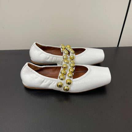 ALAIA BALLET FLATS IN WHITE GLOSSY CALFSKIN WITH GOLD HARDWARE
