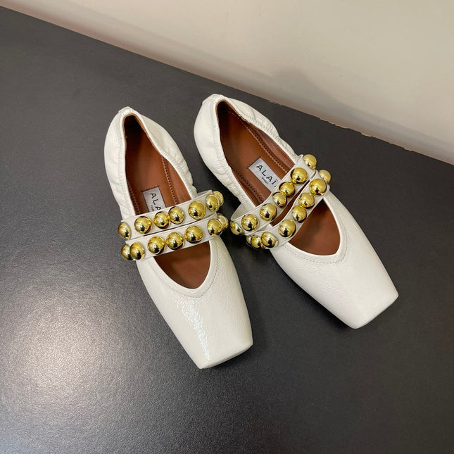 ALAIA BALLET FLATS IN WHITE GLOSSY CALFSKIN WITH GOLD HARDWARE