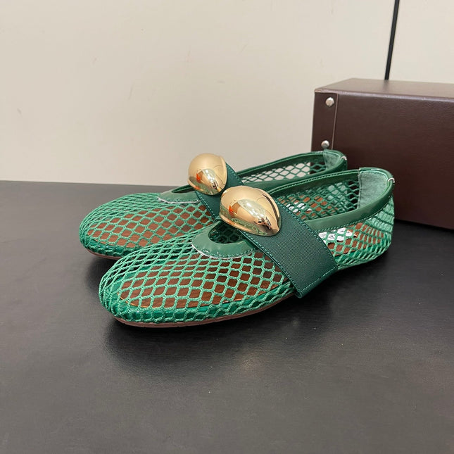 ALAIA BALLET FLATS IN COOL GREEN MESH FISHNET WITH GOLD HARDWARE